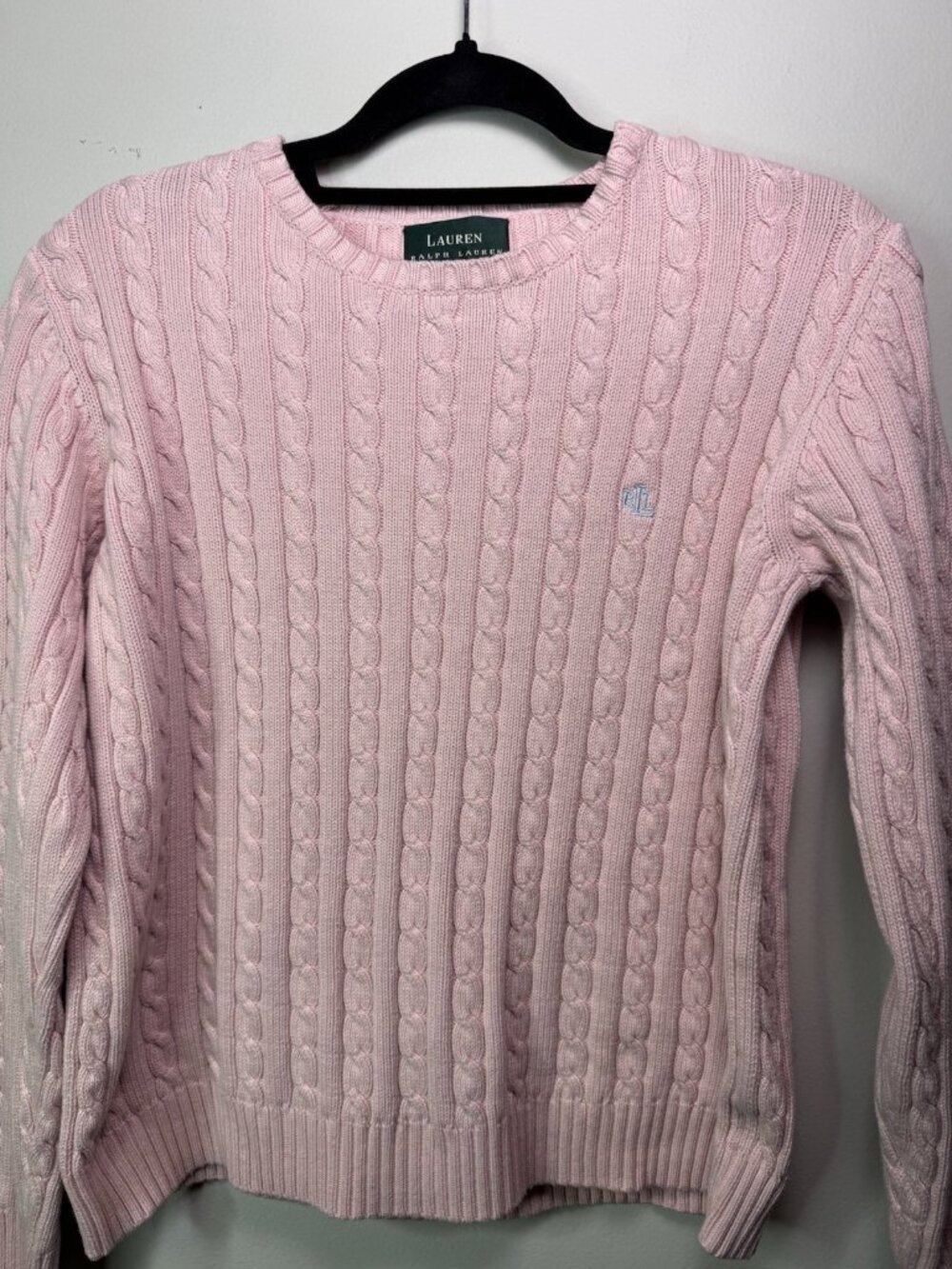 VTG Ralph Lauren Womens Cotton Cable Knit Crew Neck Sweater RLL Logo Pink L - Picture 4 of 14